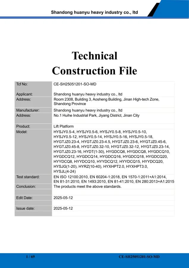 Preview of Huanyu CE Machinery Directive technical construction file first page
