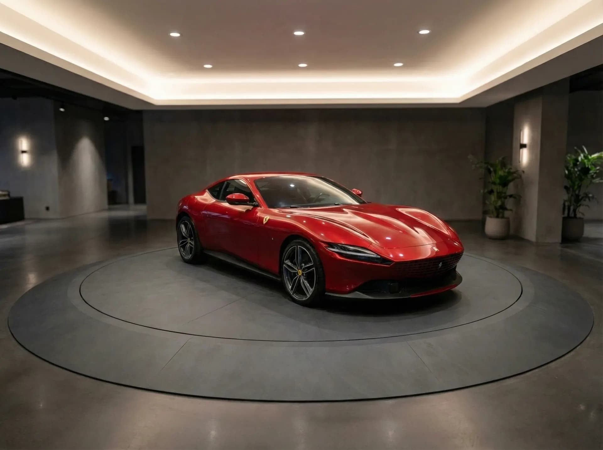 Red sports car displayed on a Huanyu car turntable in a showroom