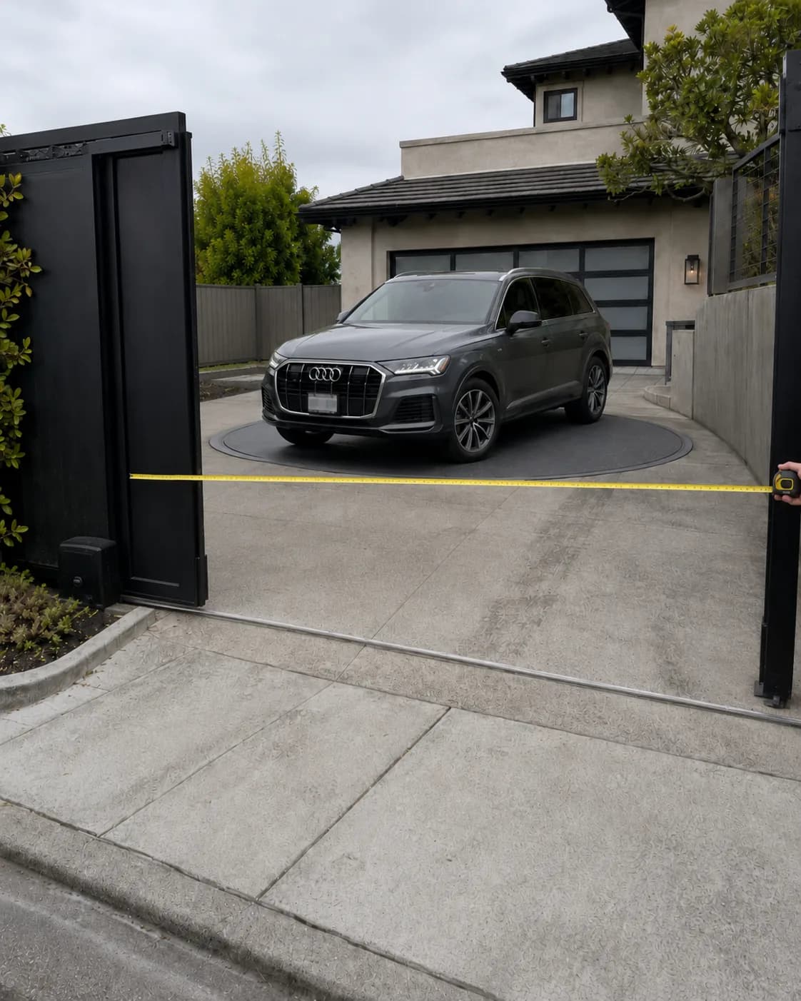 SUV on a turntable inside a narrow driveway entrance